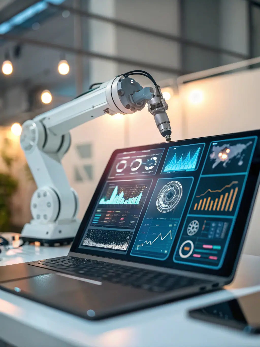 A digital illustration depicting a robot arm seamlessly integrating data from various CRM platforms into a centralized dashboard, symbolizing AI-powered CRM integration.