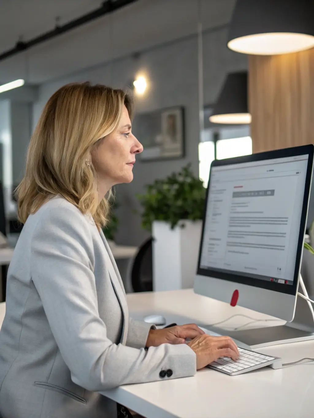 A professional consultant using an AI-powered tool to summarize a long email thread on a laptop in a modern office setting.