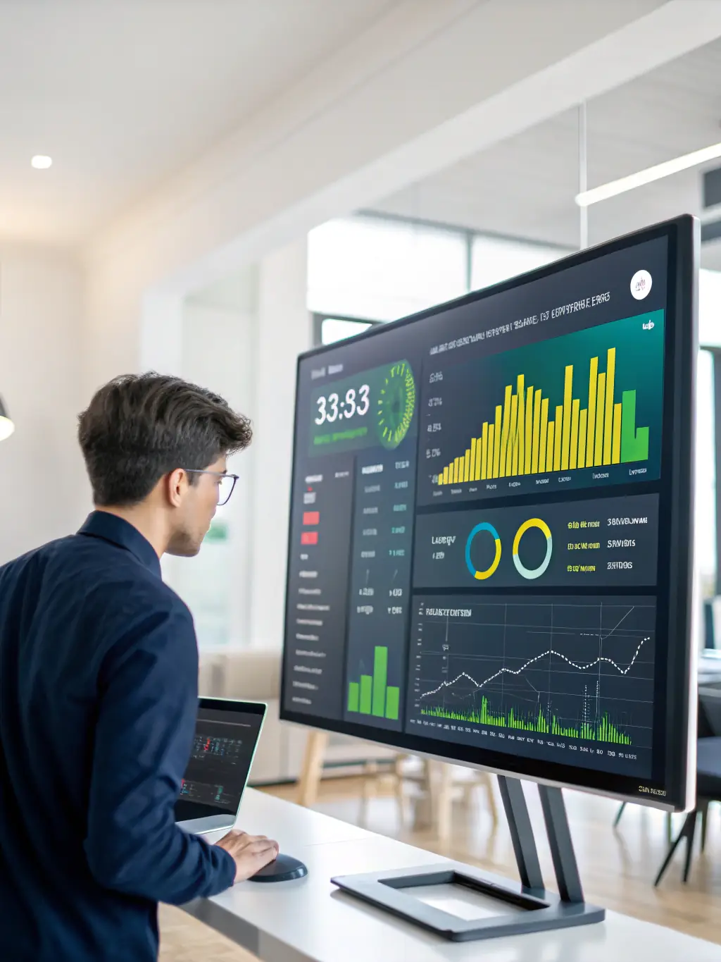 An AI agent working on a digital dashboard, optimizing various business processes with automated workflows and data analysis.