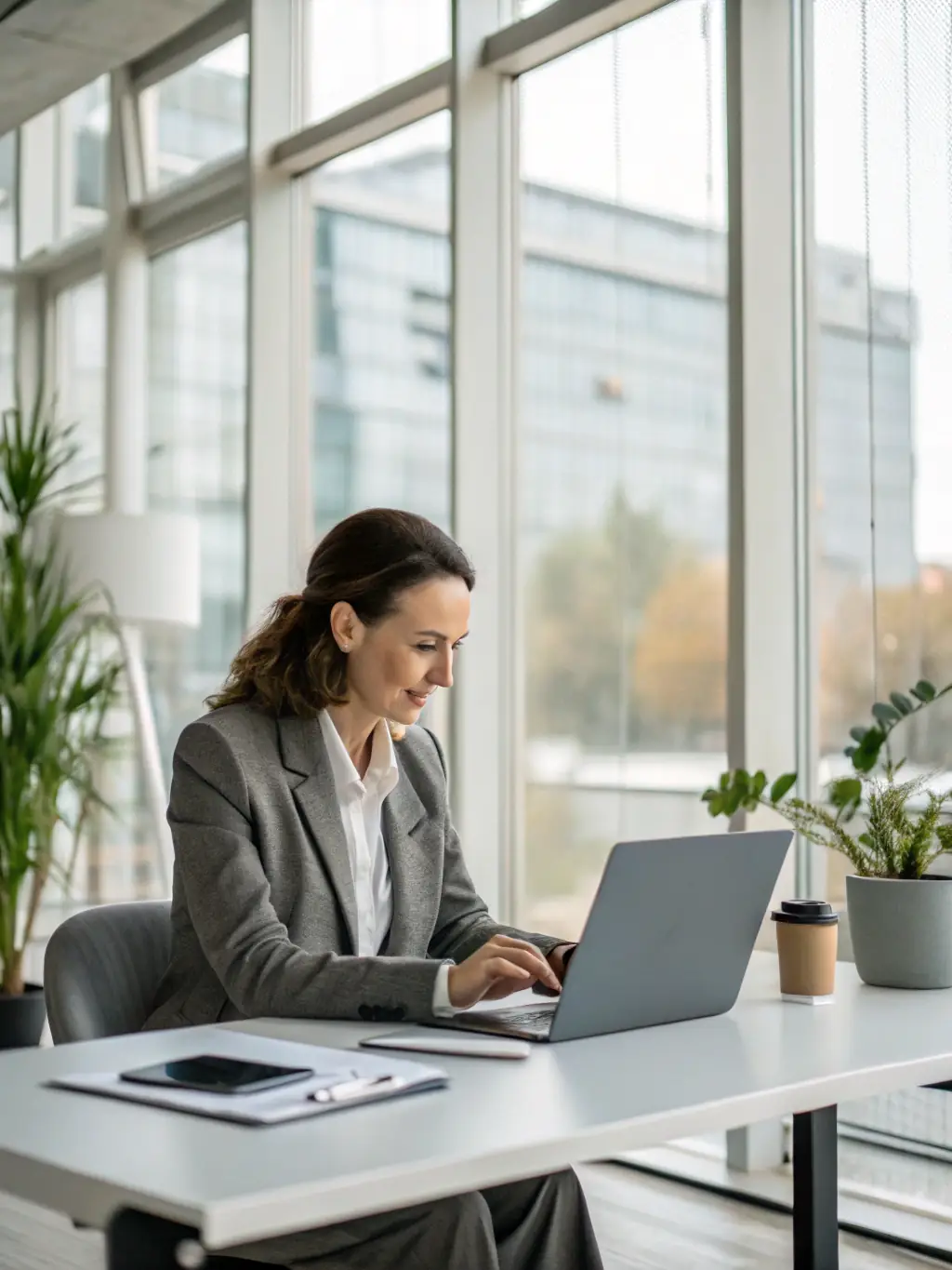 A business owner using an AI voice assistant to manage tasks and communicate with clients, shown in a bright and modern office.