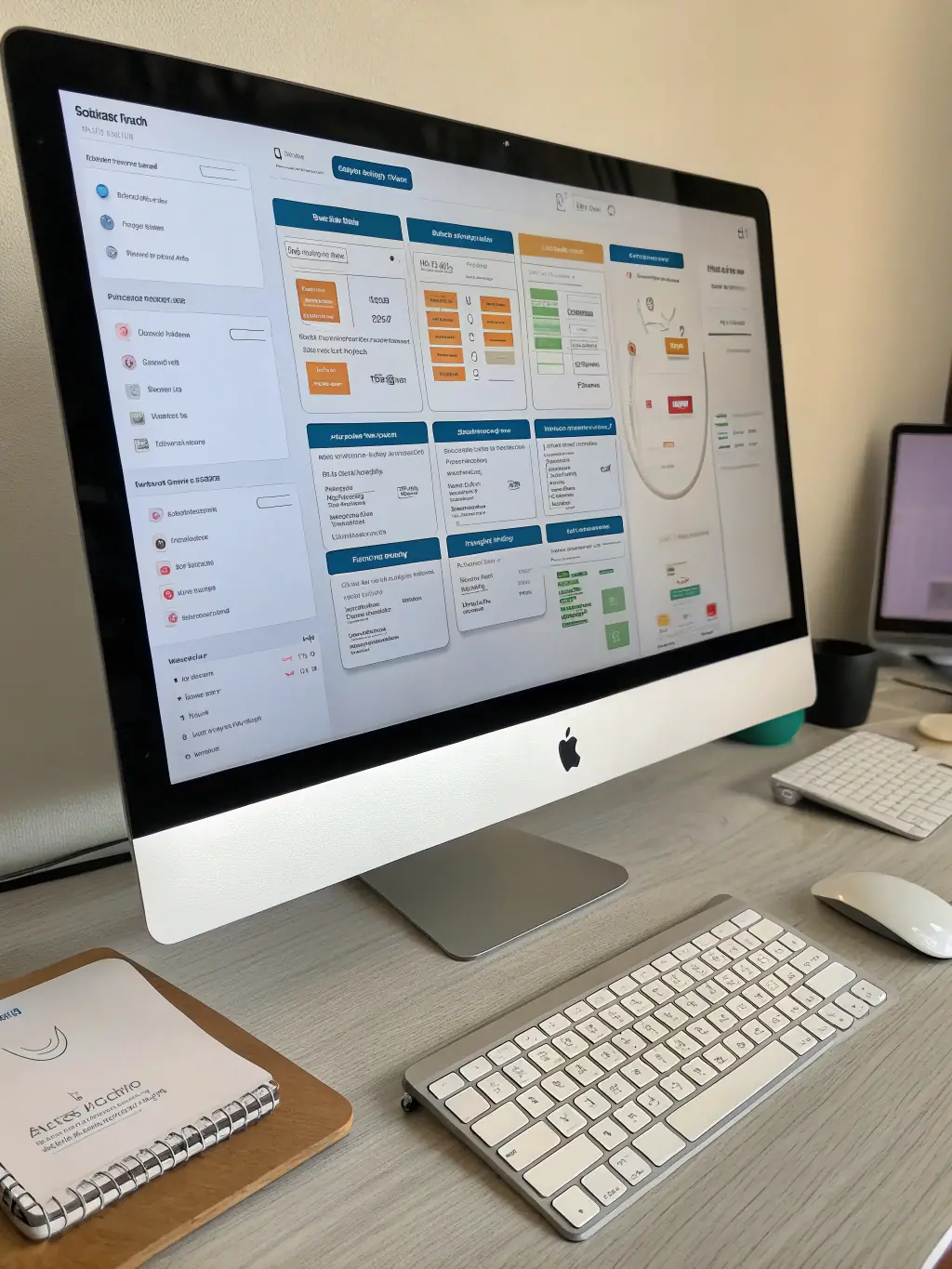 An image of a centralized digital workspace where various business tools and platforms (Notion, Airtable, n8n) are integrated and managed by AI.