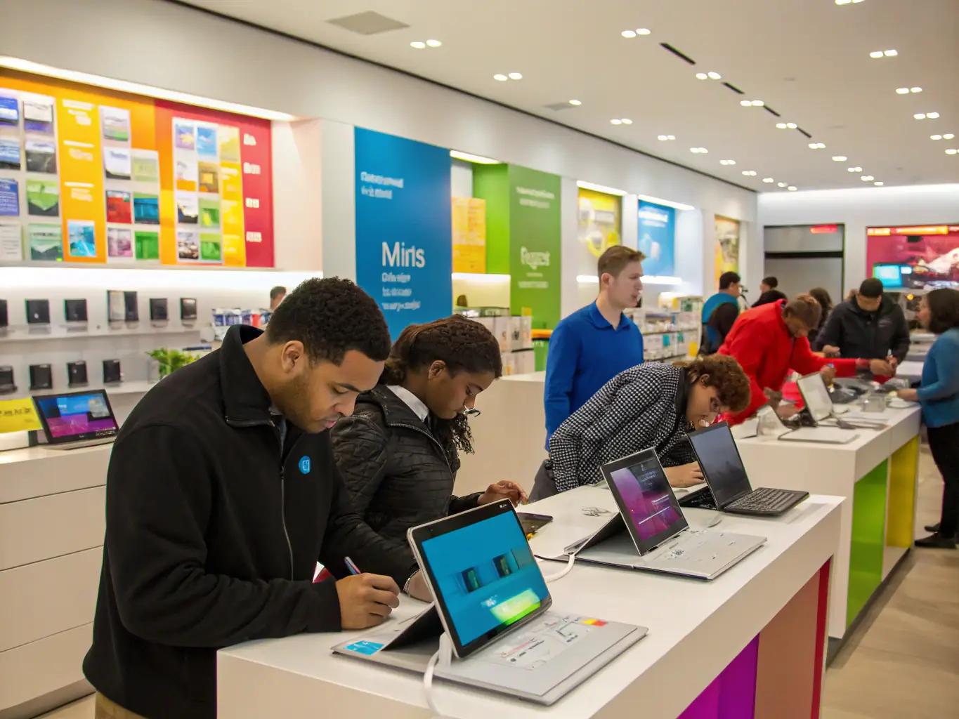A bustling retail store with customers and employees, showcasing the implementation of an AI-driven inventory management system.
