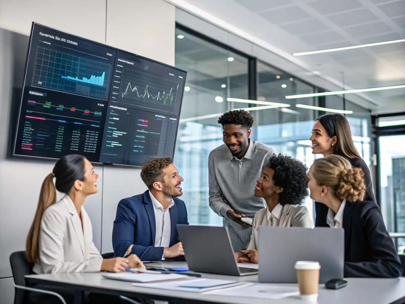 A digital illustration depicting a diverse group of professionals collaborating around a large screen displaying lead generation metrics and AI-driven insights, set in a modern office environment, symbolizing Alp'ia's collaborative approach to AI-powered lead generation.