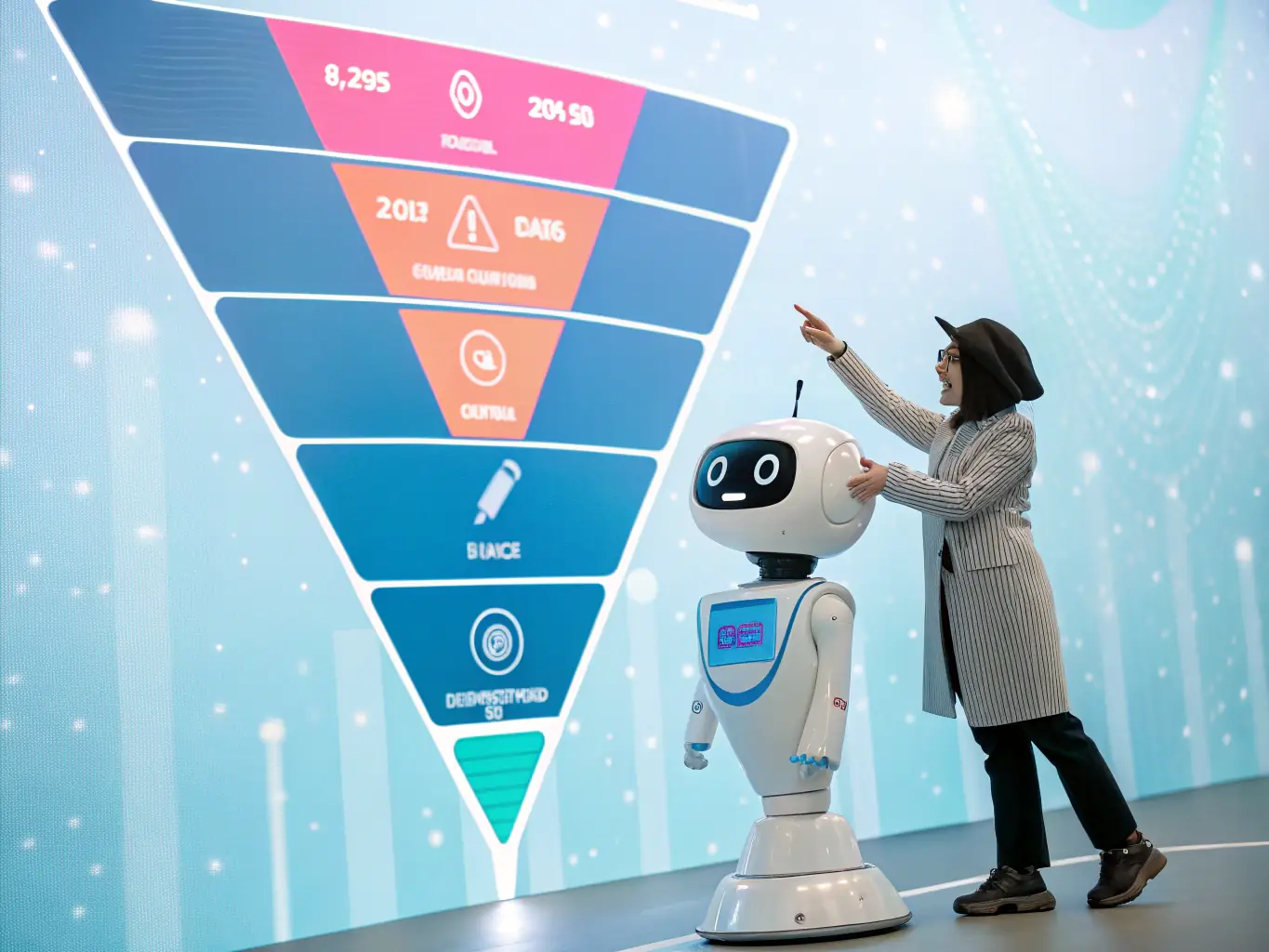 A futuristic graphic representing the conversion funnel, with AI algorithms optimizing each stage, from initial contact to final sale, showcasing Alp'ia's expertise in AI-driven sales optimization.
